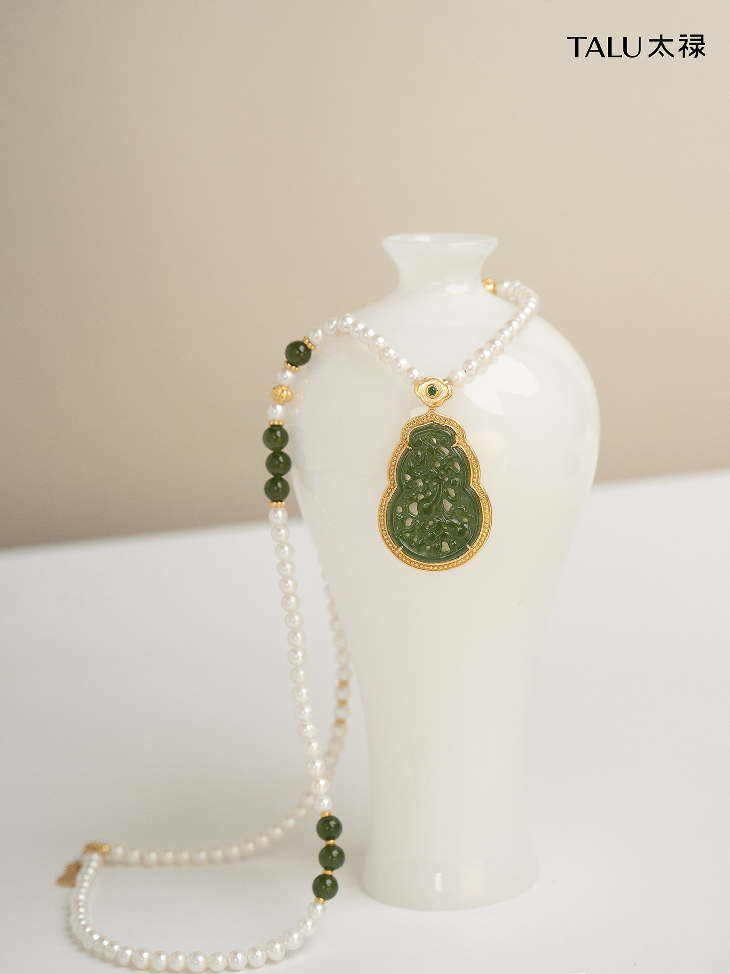TALU / Four Ruyi Blessings / Fortune — Hetian Jade & Pearl Long Necklace