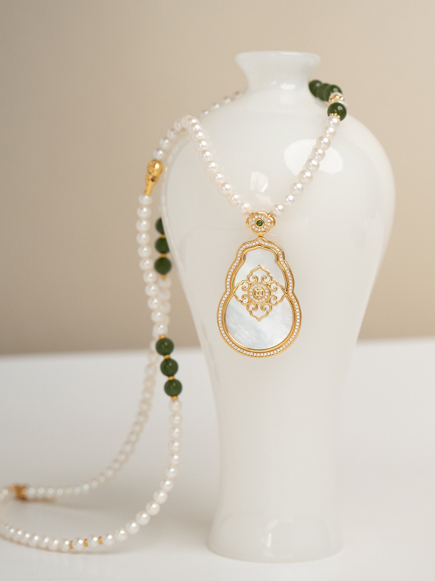 TALU / Four Ruyi Blessings / Fortune — Hetian Jade & Pearl Long Necklace
