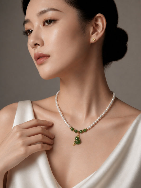 TALU / Fu Lu Ruyi / Abundance — Hetian Jade Gourd & Pearl Necklace